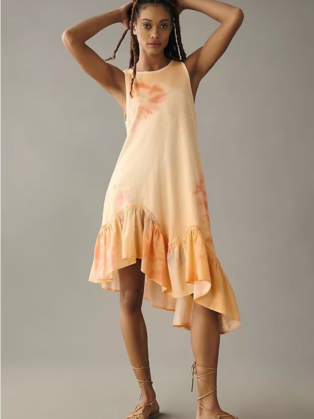 Daily Practice by Anthropologie Sleeveless Peach Tie-Dye Ruffle Hem Dress